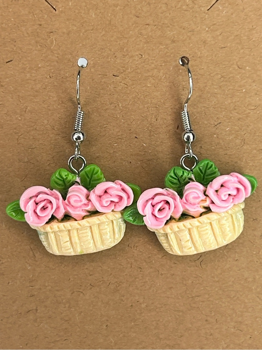 Pink Rose Basket Dangle Earrings